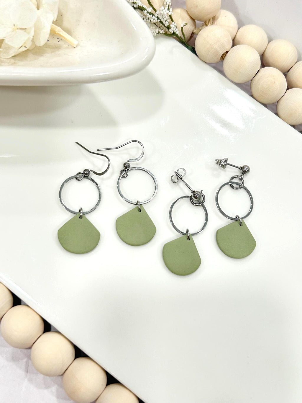 Handmade Sage Green Clay Earrings, Neutral Minimal Hoop Drop Dangles, Boho Jewelry Gift