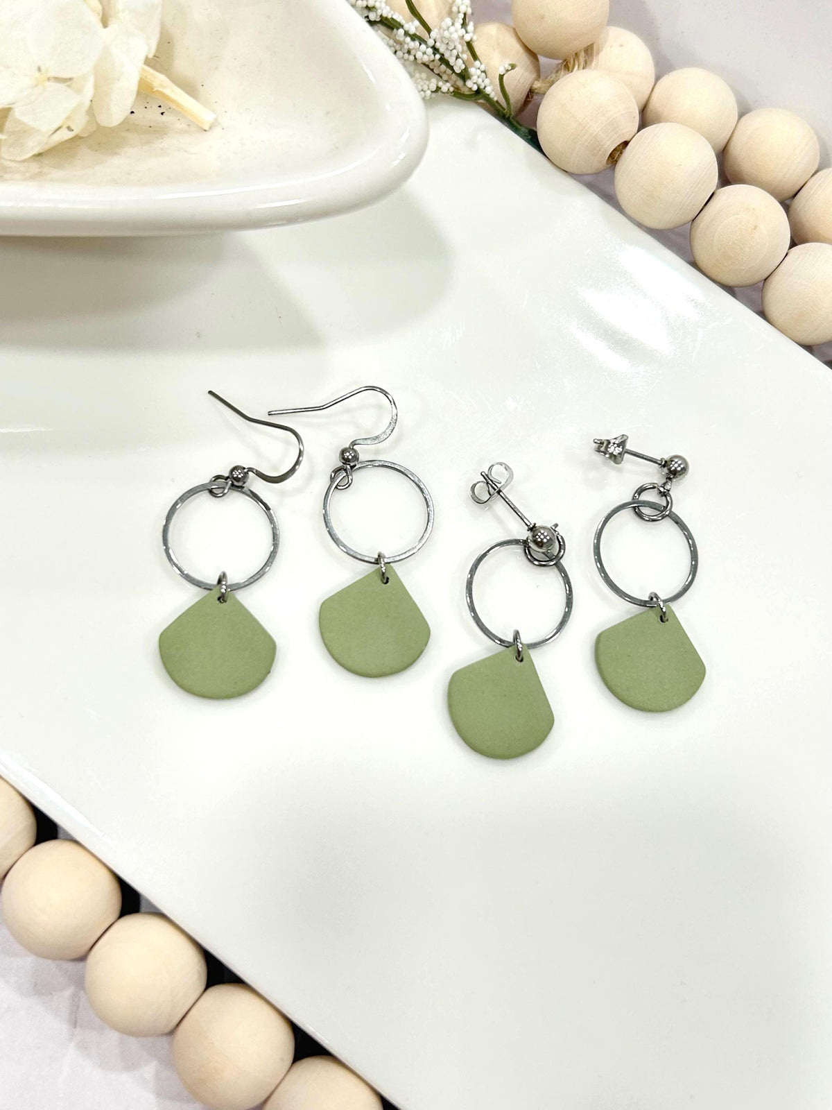 Handmade Sage Green Clay Earrings, Neutral Minimal Hoop Drop Dangles, Boho Jewelry Gift
