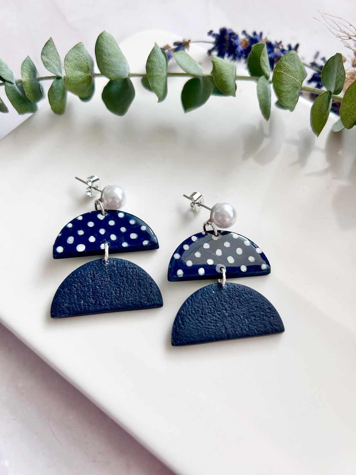 Navy Blue Handmade Polka Dot Clay Dangle Earrings: Retro Boho Pearl Studs