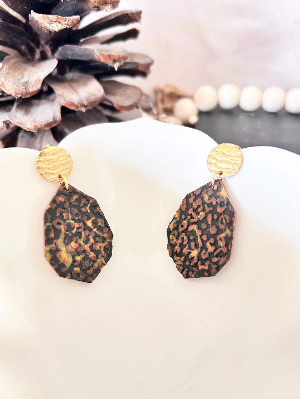 Leopard Print Dangle Earrings, Black and Brown Cheetah Print, Gold Safari Animal Inspired Gifts