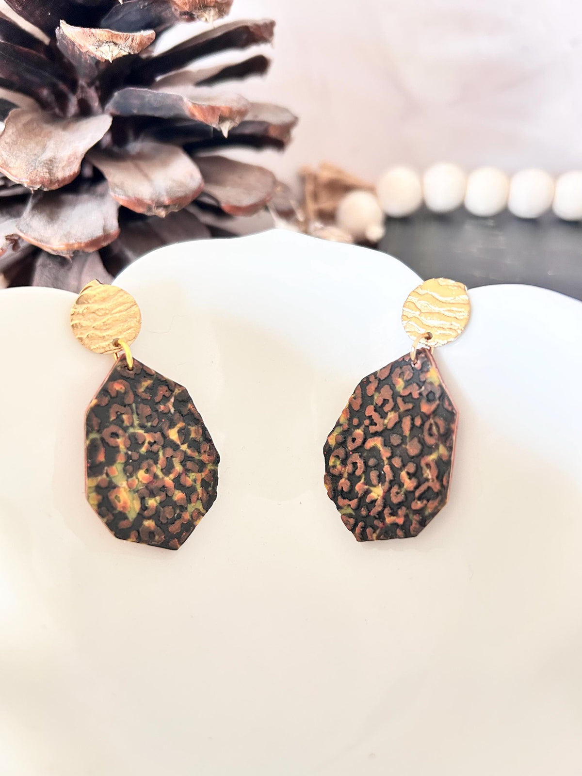 Leopard Print Dangle Earrings, Black and Brown Cheetah Print, Gold Safari Animal Inspired Gifts