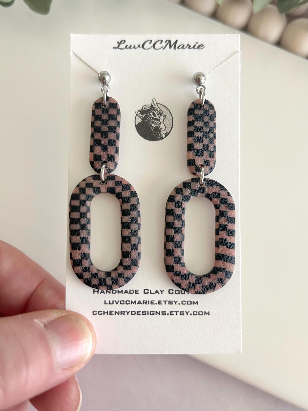 Pink Black Modern Gingham Dangle Earrings, Geometric Checkered Dangles, Handmade Clay Plaid Jewelry