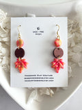 Fall Leaf Clay Earrings, Wood Bead Maple Dangles, Bright Neon Boho Hypoallergenic Lightweight Jewelry