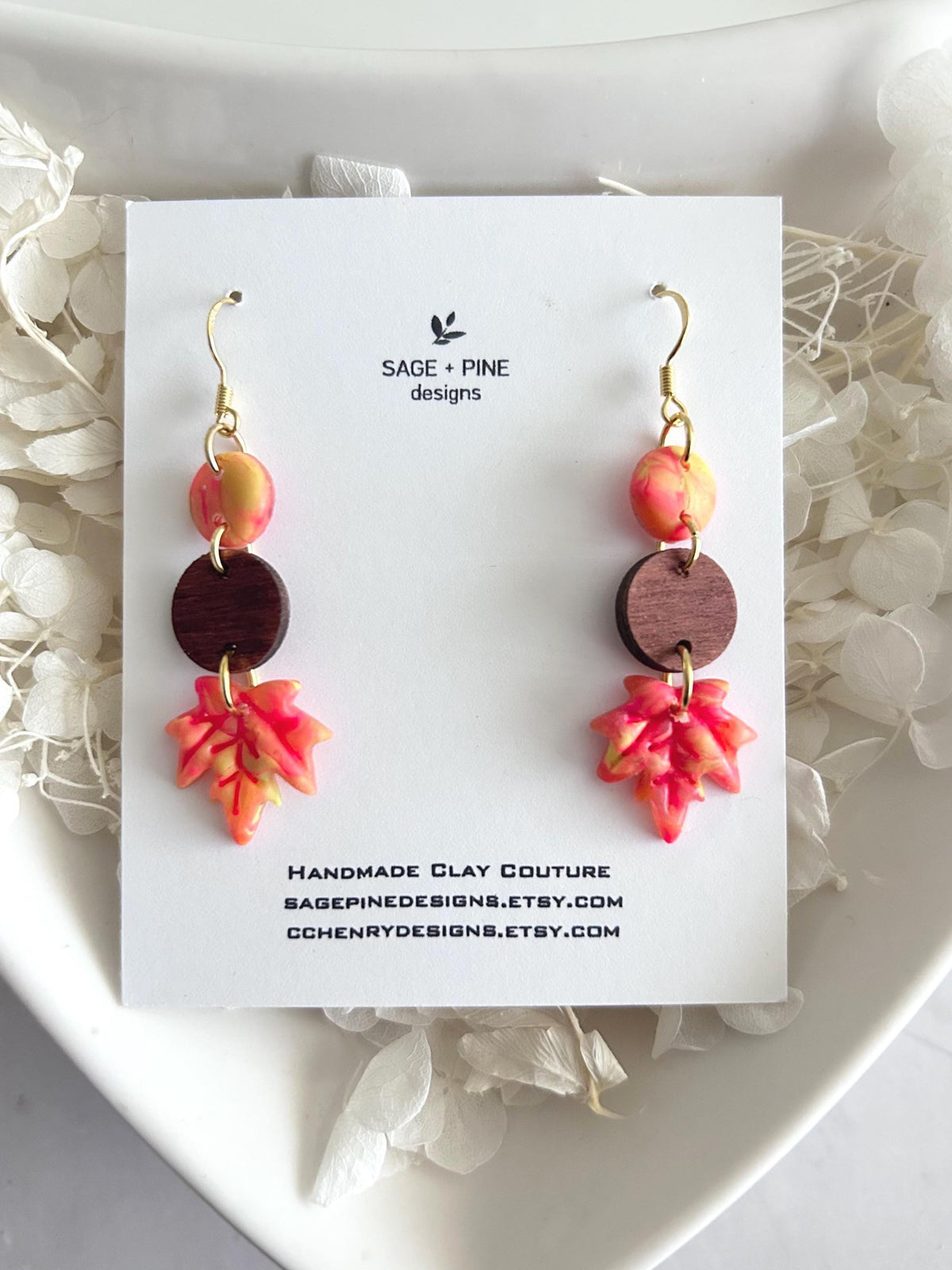 Fall Leaf Clay Earrings, Wood Bead Maple Dangles, Bright Neon Boho Hypoallergenic Lightweight Jewelry