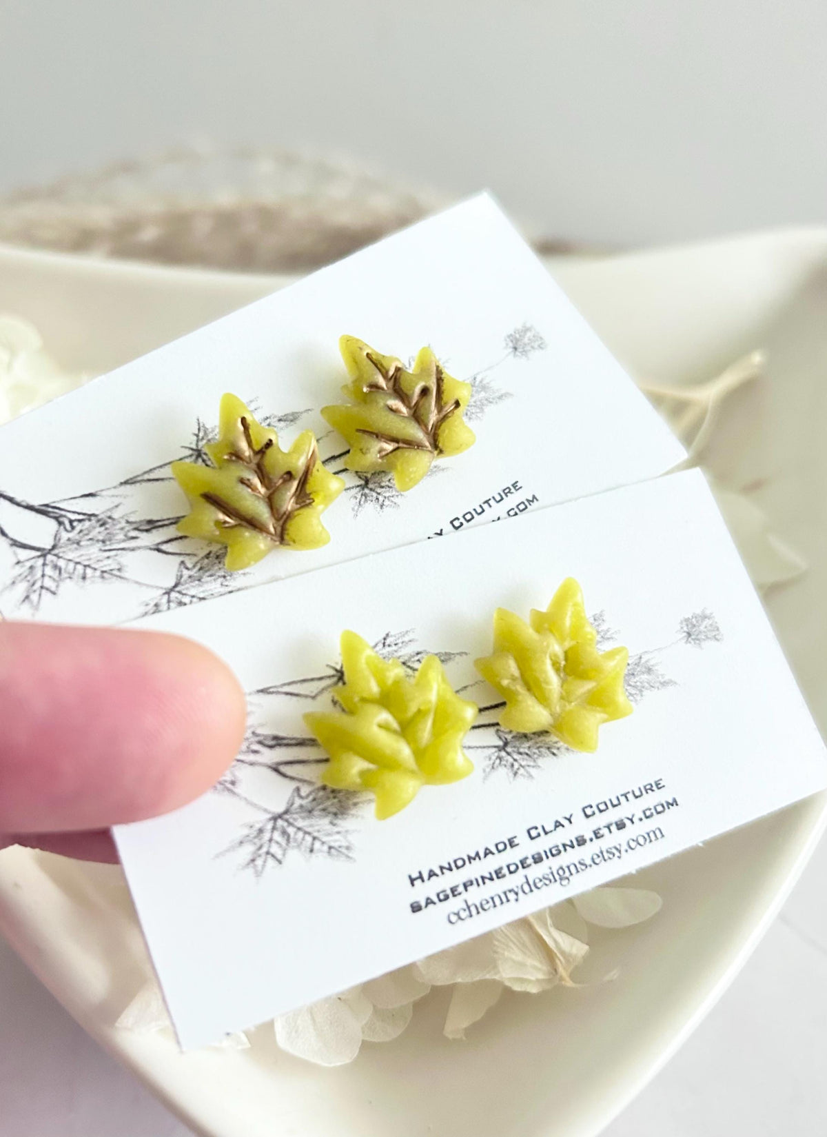 Clay Stud Earrings, Maple Leaf Fall Studs, Chartreuse Green, Hypoallergenic Surgical Posts