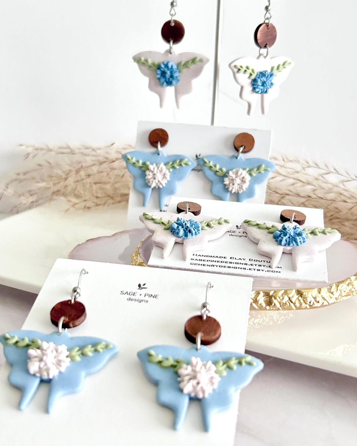 Handmade Clay Moth Earrings, Light Blue and White Floral Dangles, Pastel Wings, Wood Polymer