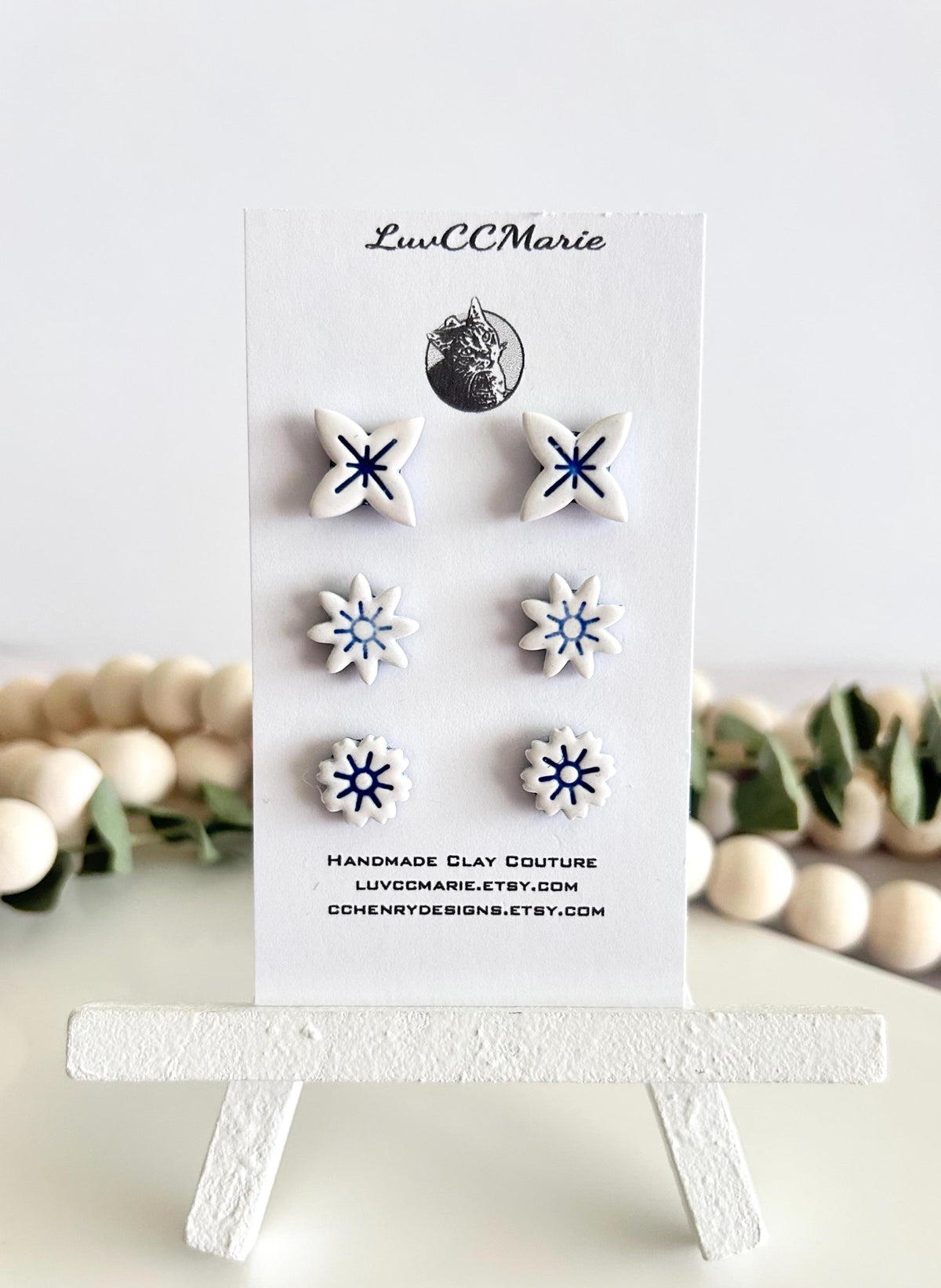 Blue and White Tile Stud Earrings Set, Small Studs, Unique Clay Hand Painted Gift