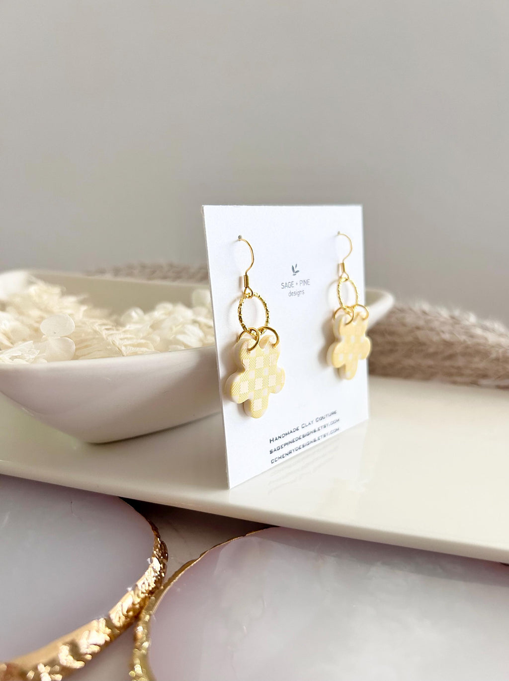 Yellow and Gold Daisy Gingham Clay Earrings, Plaid Dangles, Lightweight Hypoallergenic