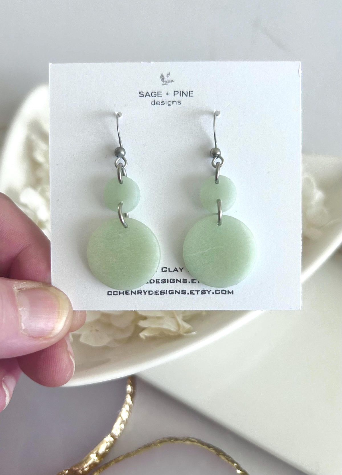 Light Green Drop Earrings, Silver Sage Dangles, Jade Colored Bead Drops, Handmade Clay
