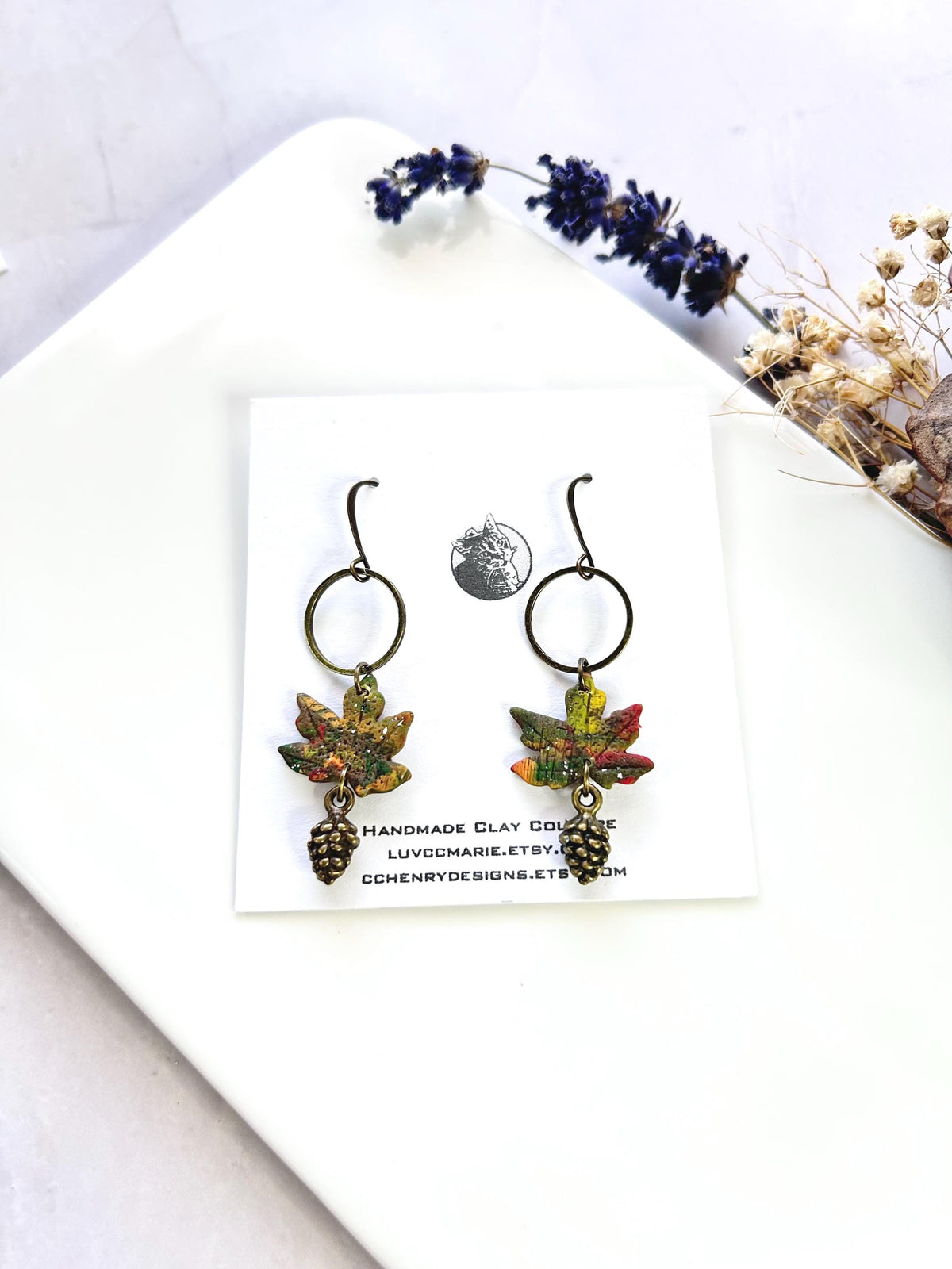 Watercolor Leaf Clay Earrings, Pine Cone Dangles: Walnut and Bronze Boho Jewelry