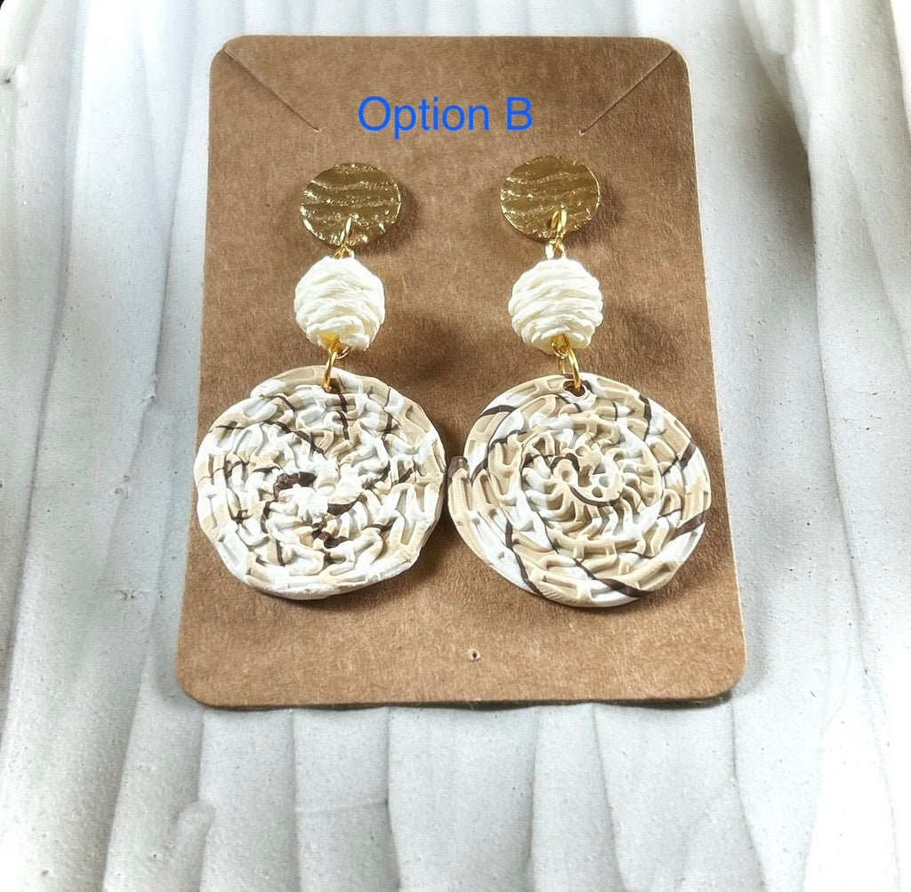 Handmade Clay Dangle Earrings, Raffia Dangles, Neutral Unique Boho Jewelry