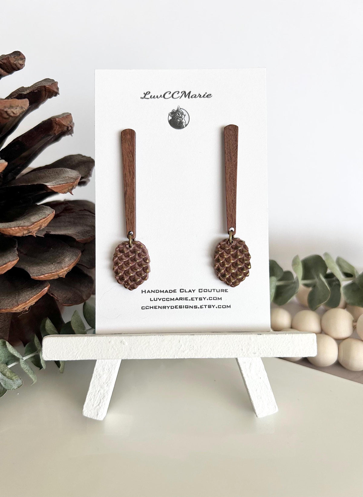 Pine Cone Clay Earrings, Wood Bar Drop Dangles, Handmade Lightweight Boho Jewelry