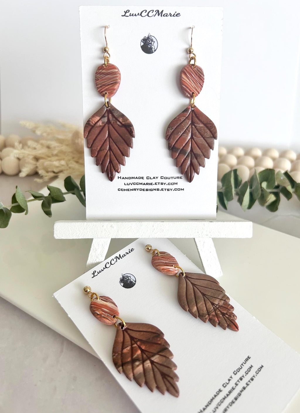 Brown Fall Leaf Earrings, Marbled Dangles, Handmade Clay Autumn Jewelry