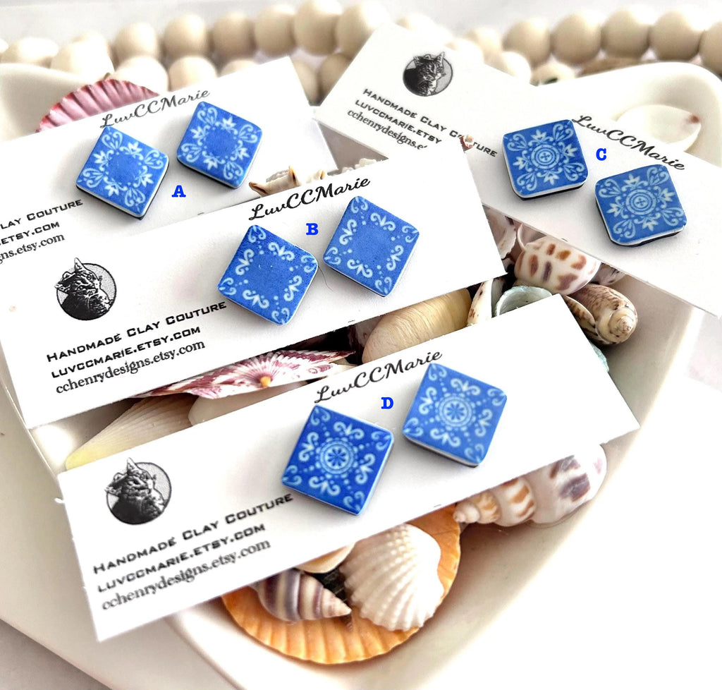 Handmade Cobalt Blue Tile Stud Earrings: Boho Mediterranean Jewelry