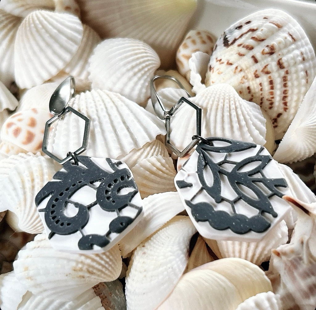 Charcoal Lace Hexagon Hoop Dangle Earrings, Boho Bridal Handmade Jewelry