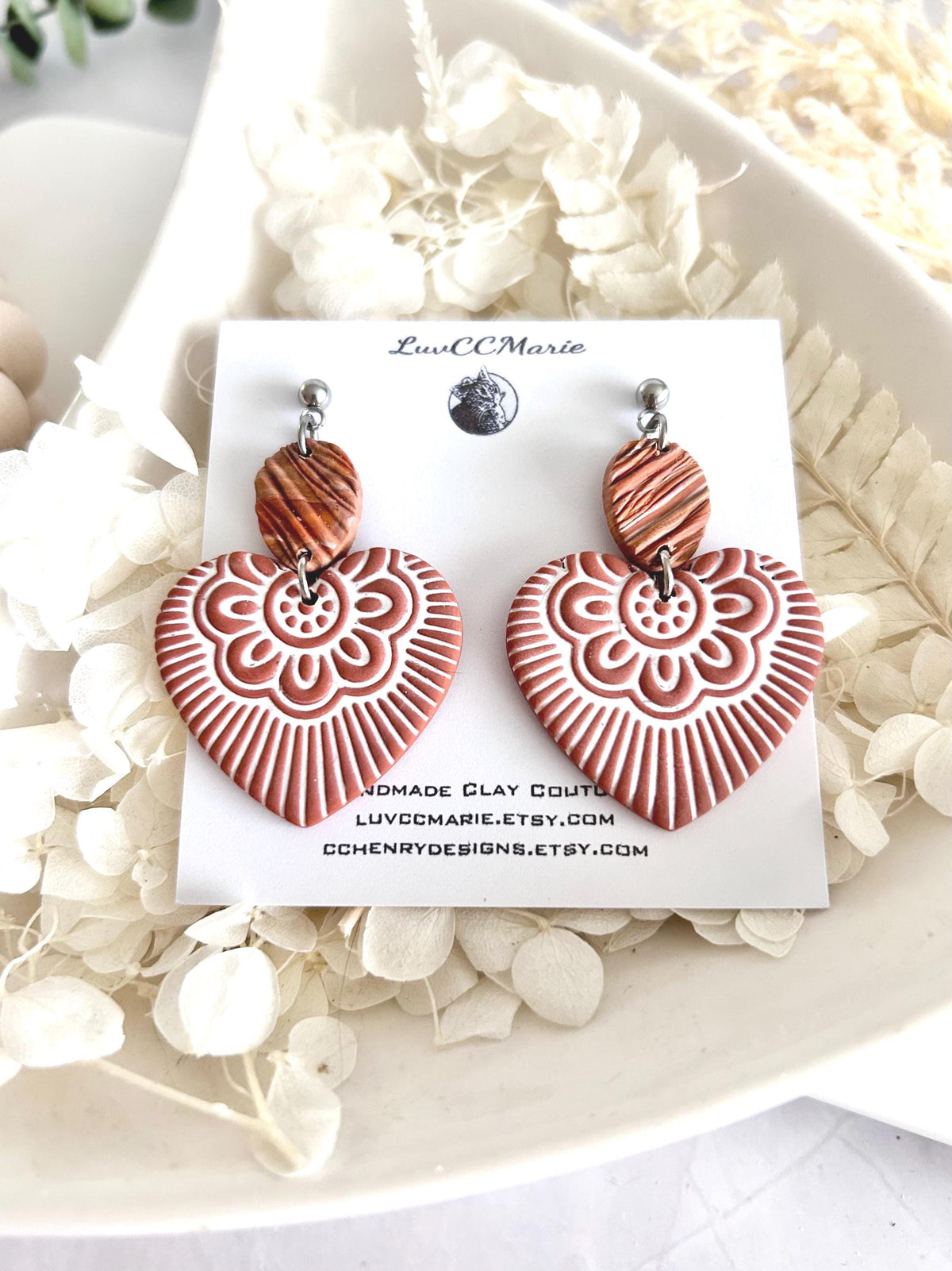 Heart Dangles, Folk Art Clay Earrings, Boho Terracotta Polymer Handmade Jewelry Gifts