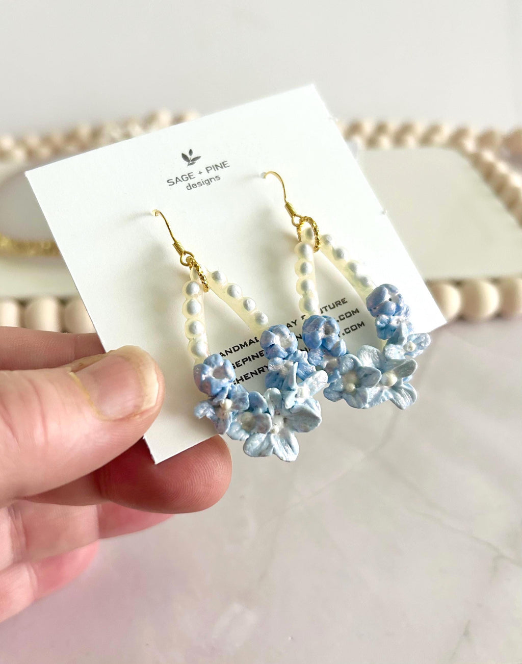 Blue Dangle Flower Earrings, Big Floral Drop Dangles, Iridescent Pearl Unique Statement Jewelry Gift