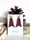 Burgundy Tree Dangle Earrings, Folk Dangles, Scandinavian Norwegian Embossed Clay Handmade Jewelry