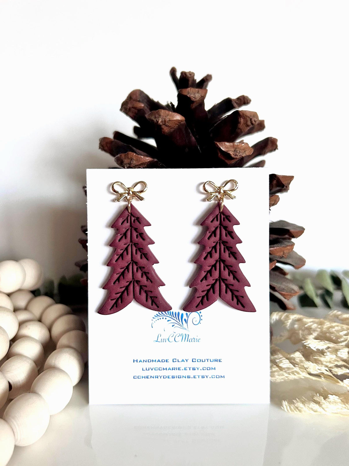 Burgundy Tree Dangle Earrings, Folk Dangles, Scandinavian Norwegian Embossed Clay Handmade Jewelry