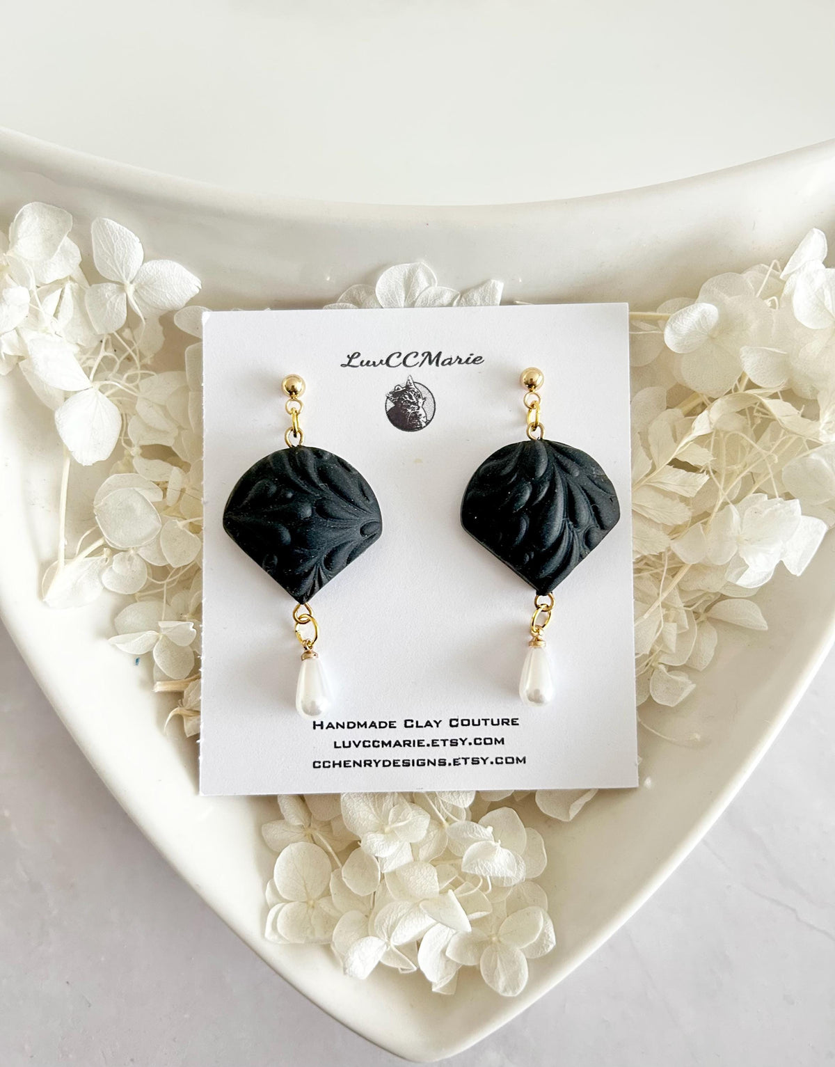 Dark Red or Matte Black Pearl Earrings, Clay and Gold Floral Jewelry Handmade Gift