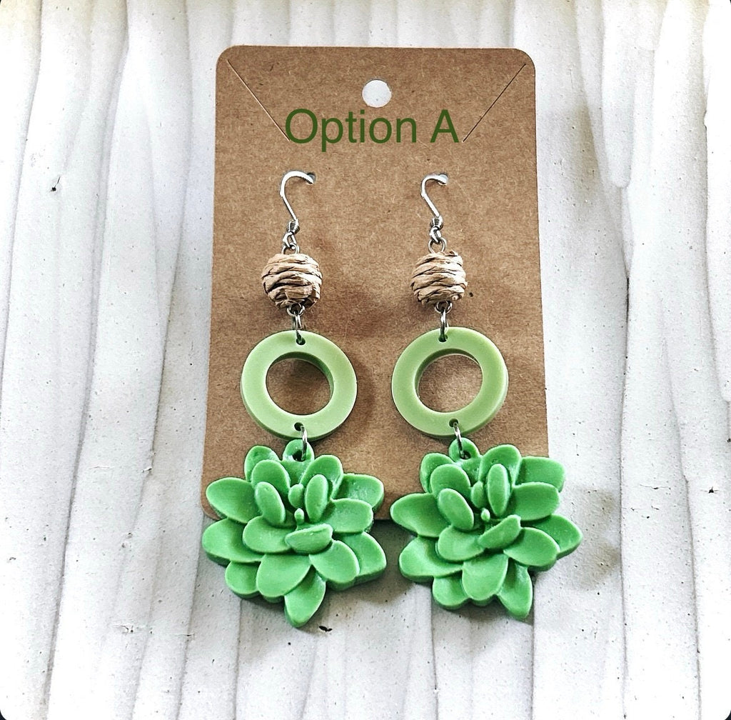 Handmade Clay Succulent Dangle Earrings, Green and Brown Raffia Dangles, Long Lightweight Boho Jewelry