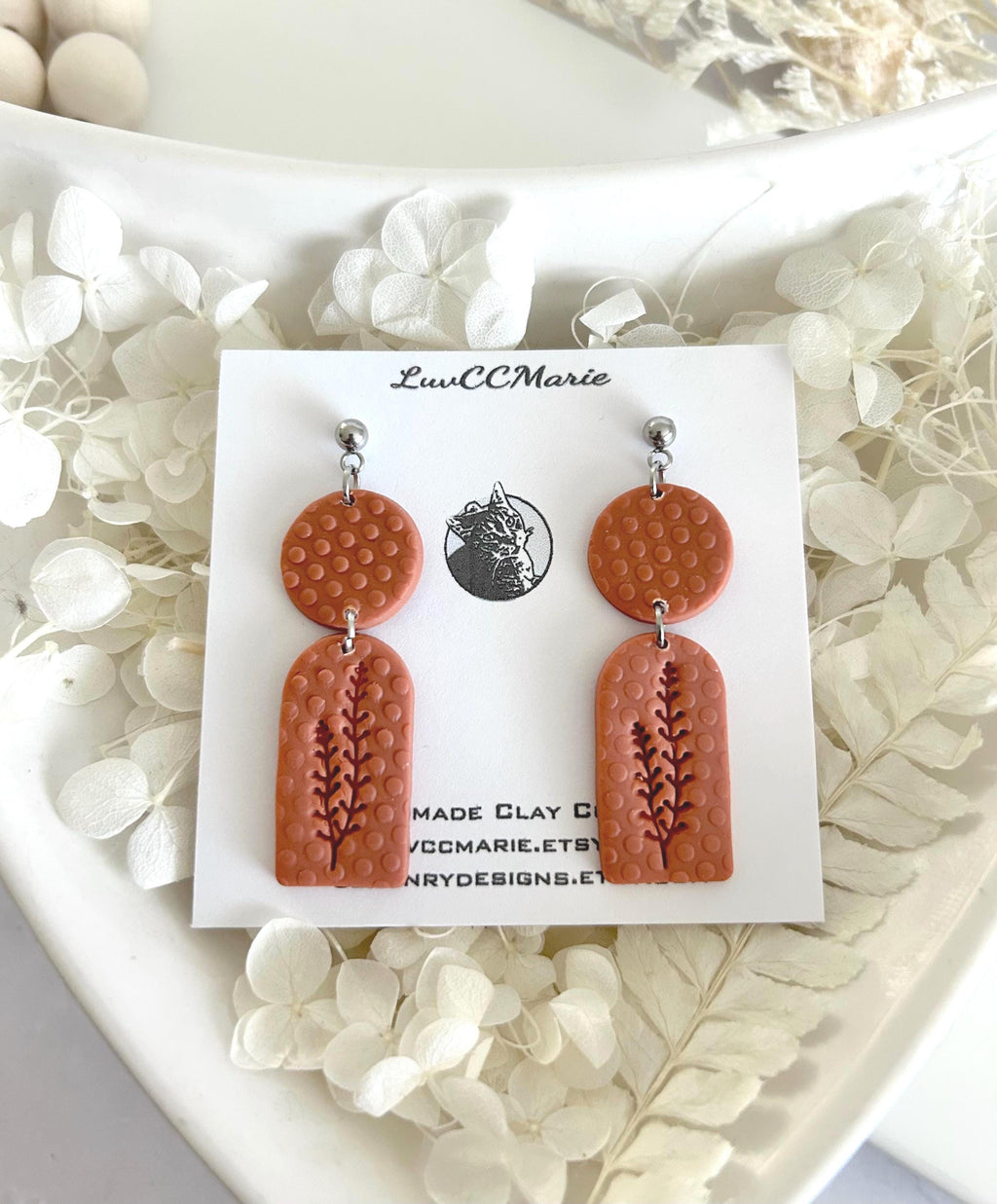 Polka Dot Botanical Clay Dangle Earrings, Handmade Art Jewelry Gift