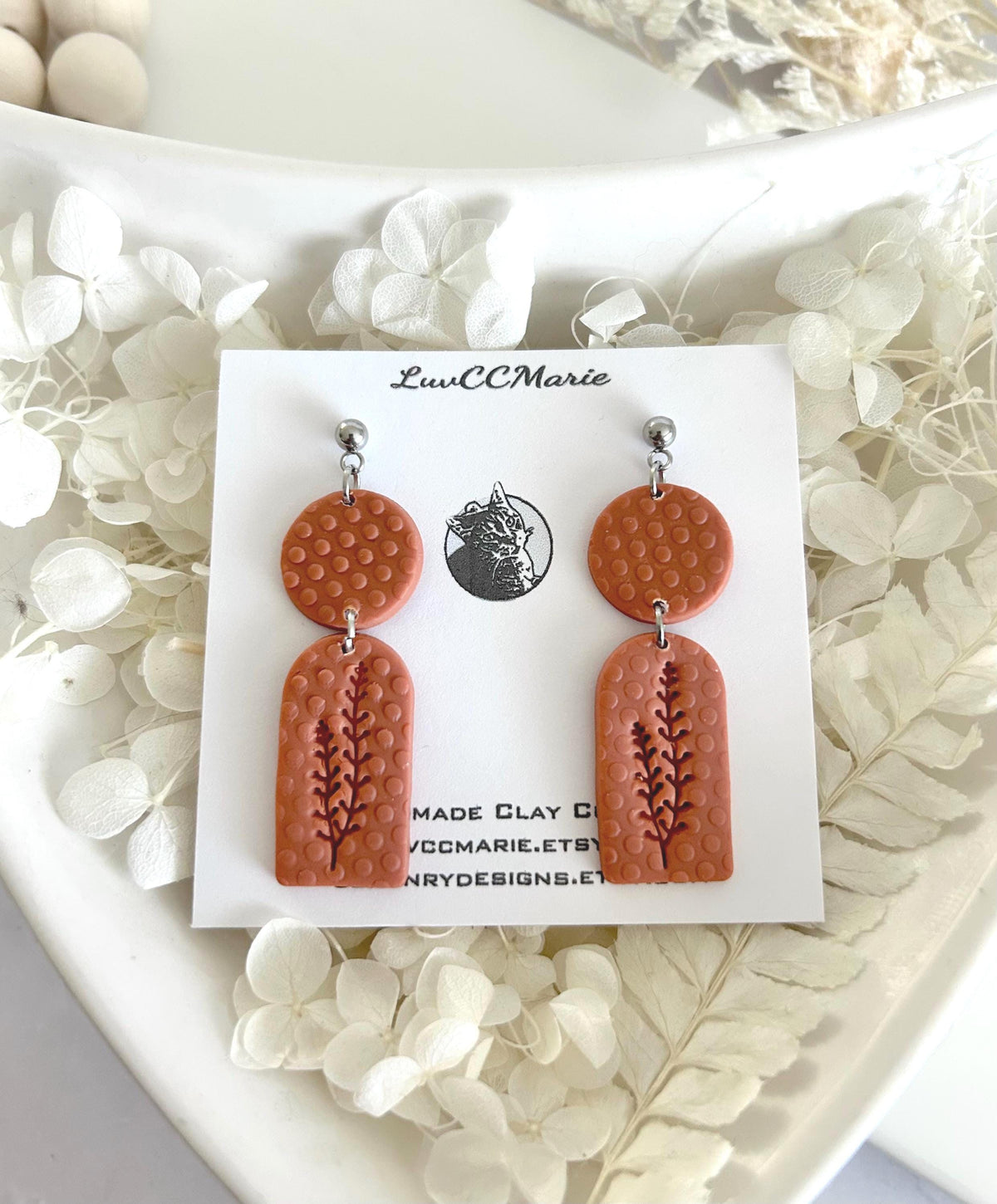 Polka Dot Botanical Clay Dangle Earrings, Handmade Art Jewelry Gift