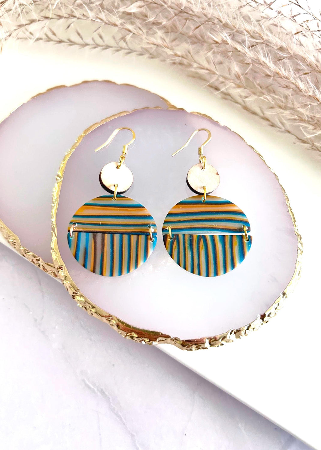 Burgundy Striped Earrings, Teal Mustard Fall Earrings, Multicolor Handmade Boho Wood Clay Drop Dangles