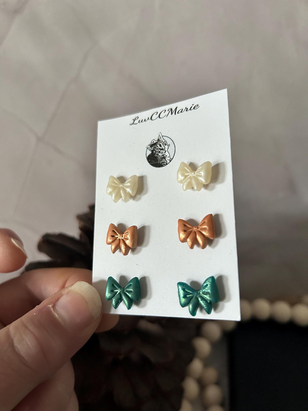Bow Stud Earrings, Mini Studs Set, White Peach Teal, Handmade Jewelry, Hypoallergenic