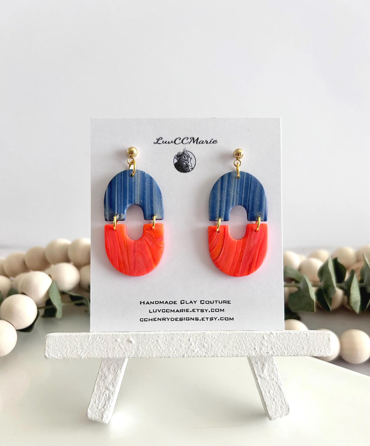 Orange Navy Blue Dangles, Marbled Coral Clay Long Bright Earrings, Neon Summer Drop Handmade