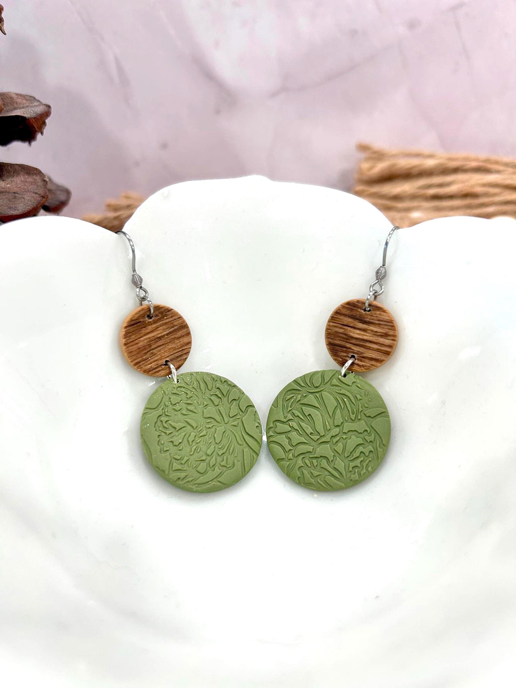 Olive Green Earrings, Stamped Clay Wood Embossed Floral Botanical Boho Handmade Fashion Jewelry
