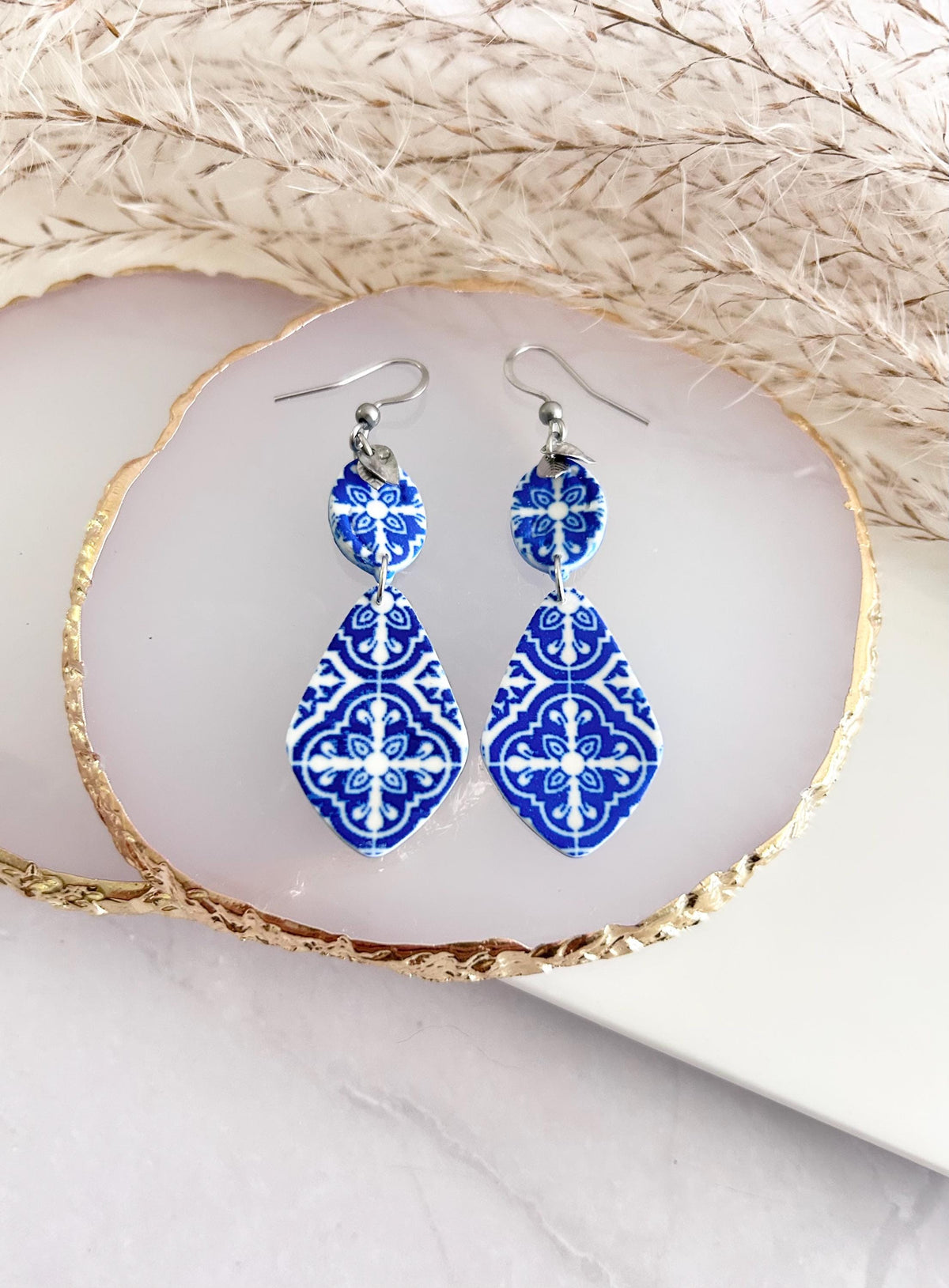 Santorini Earrings, Cobalt Blue Tile Dangles, Handmade Clay Boho Jewelry