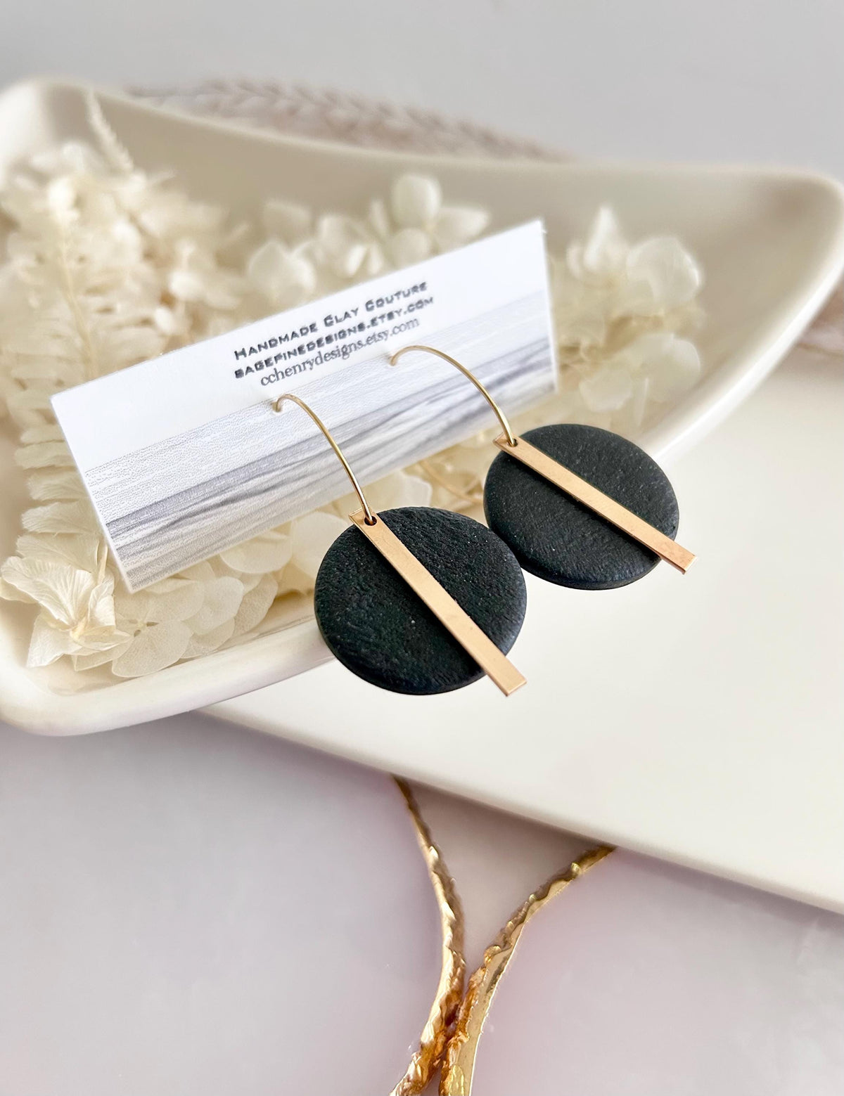 Handmade Gold Bar Hoop Clay Earrings, Neutral Black 18K Plated Dangles, Lightweight Hypoallergenic