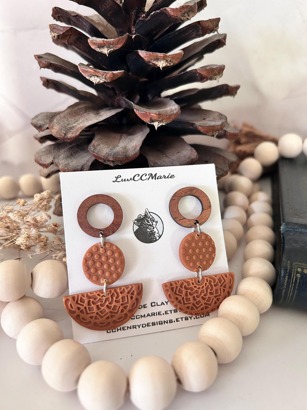 Mandala Polka Dot Clay Earrings, Open Circle Wood Post Stud Dangles, Lightweight Hypoallergenic