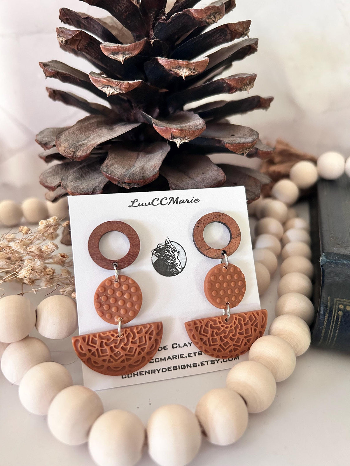 Mandala Polka Dot Clay Earrings, Open Circle Wood Post Stud Dangles, Lightweight Hypoallergenic