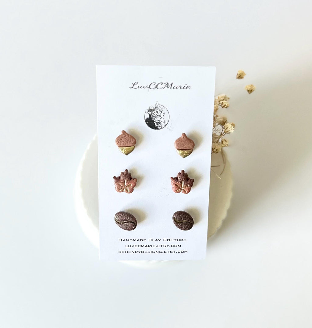 Autumn Stud Acorn Earrings, Maple Leaf Clay Post Set, Coffee Bean Jewelry, Handmade Jewelry