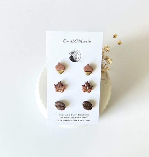 Autumn Stud Acorn Earrings, Maple Leaf Clay Post Set, Coffee Bean Jewelry, Handmade Jewelry