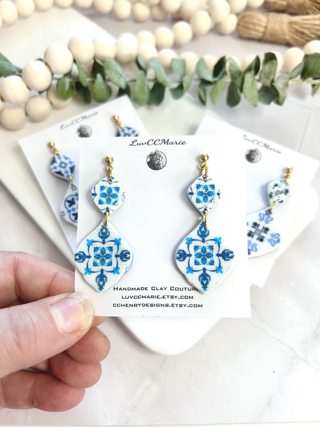 Cobalt Blue Vase Santorini Blue Earrings, Mediterranean Tile Greek Dangles, Handmade Boho Clay Jewelry