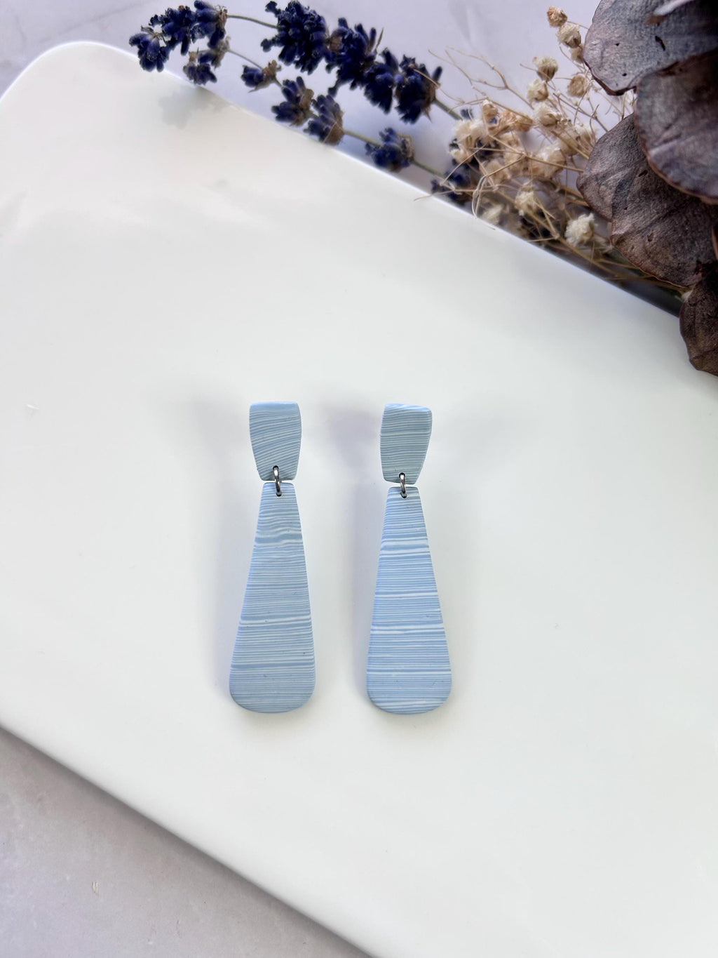 Light Blue and White Striped Dangle Earrings, Dusty Stud Dangles, Handmade Boho Jewelry Gift