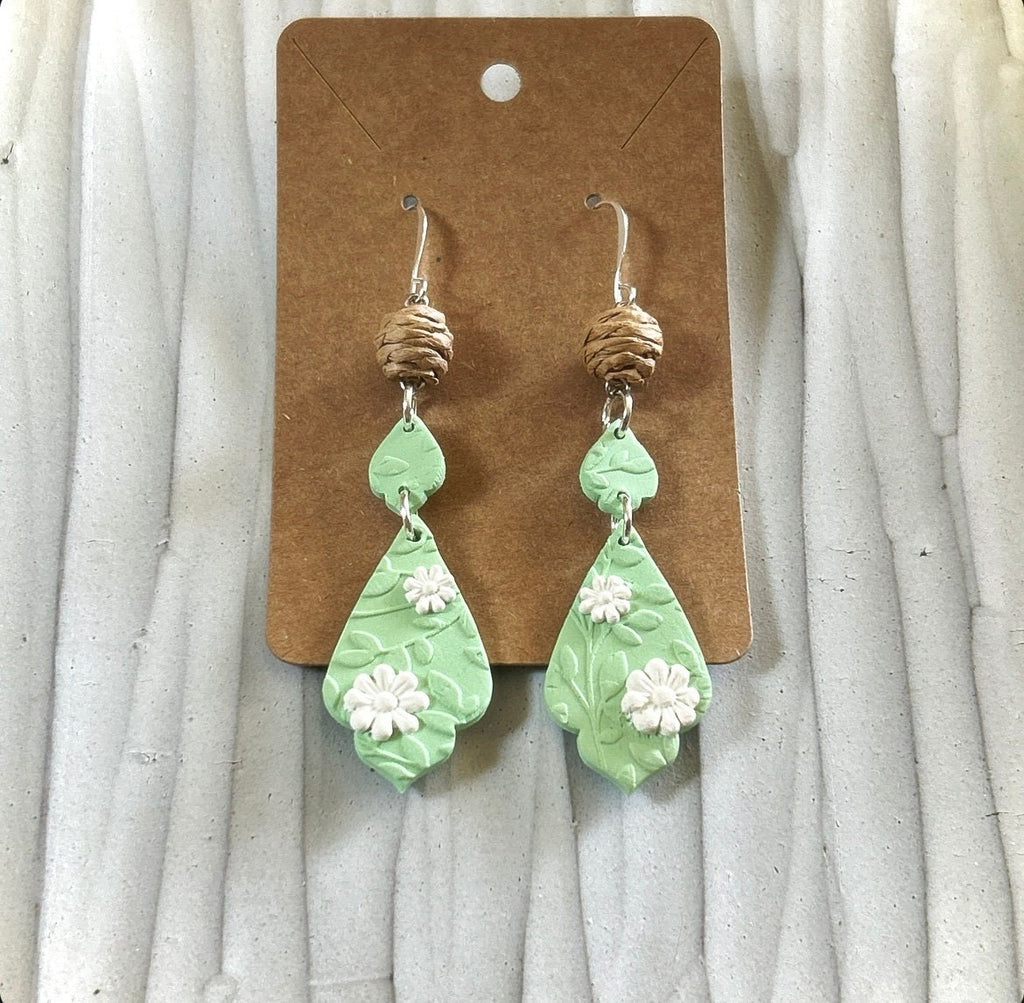 Green and White Daisy Earrings, Clay Drop Long Dangles, Handmade Floral Flower Jewelry