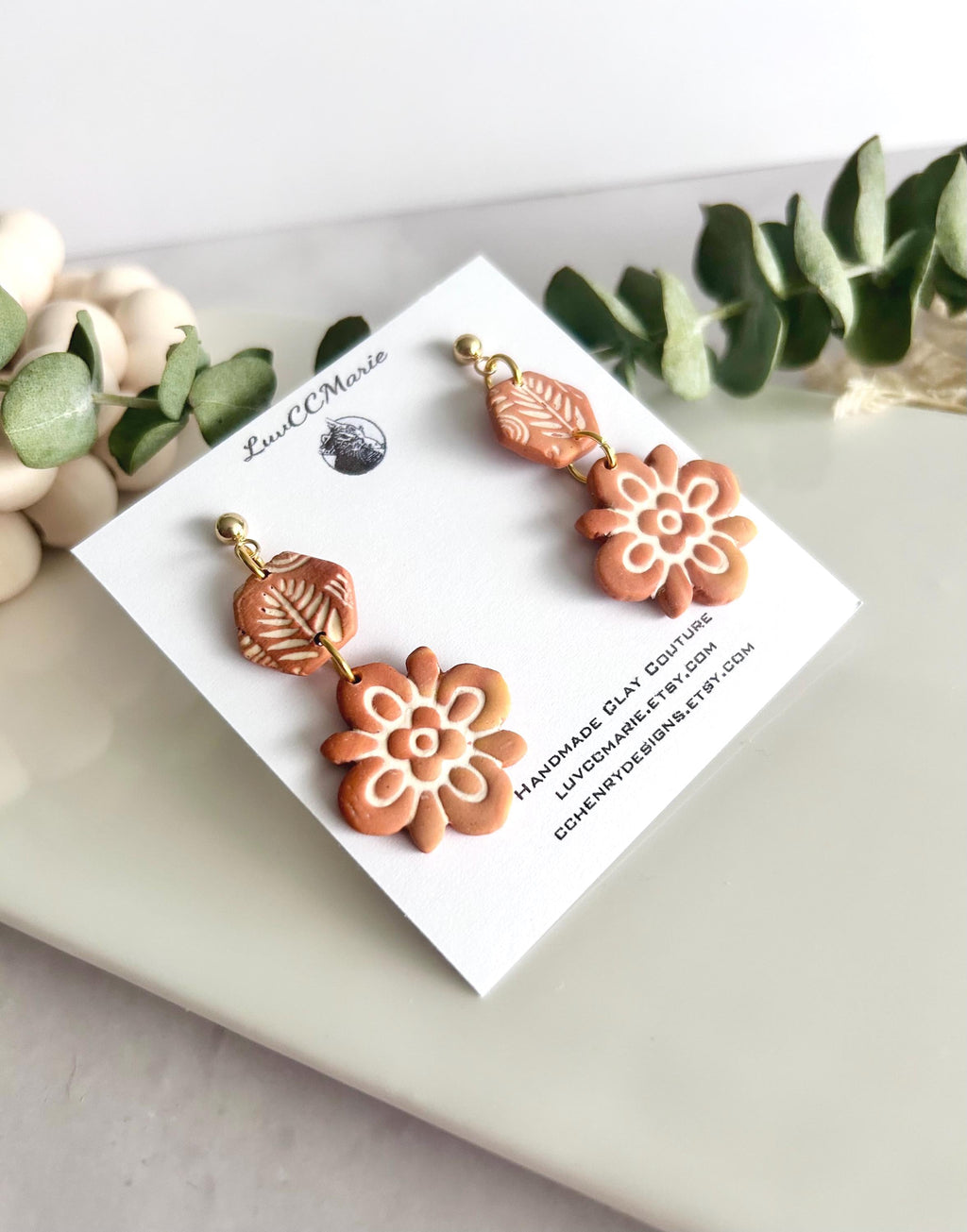 Terracotta Mexican Tile Dangles, Fall Earrings, Clay Bohemian Handmade Lightweight