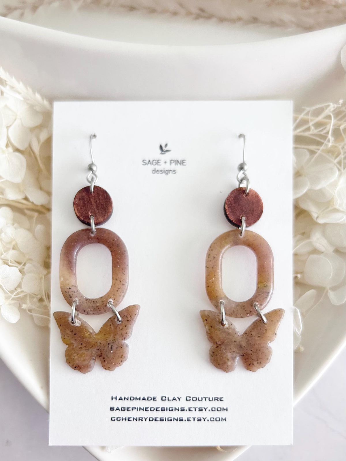 Neutral Beige Tortoiseshell Butterfly Clay Earrings, Boho Wood Dangles, Lightweight Handmade Fall Jewelry