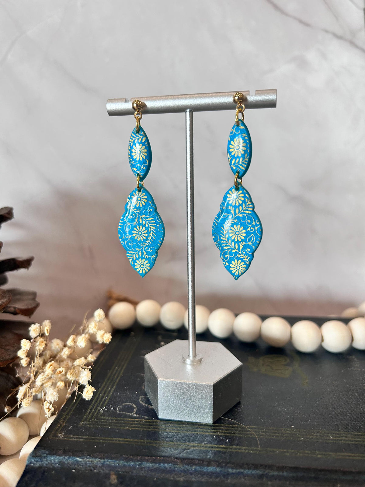 Teal Gold Baroque Earrings, Clay Long Dangles, Handmade Fashion Jewelry Gift