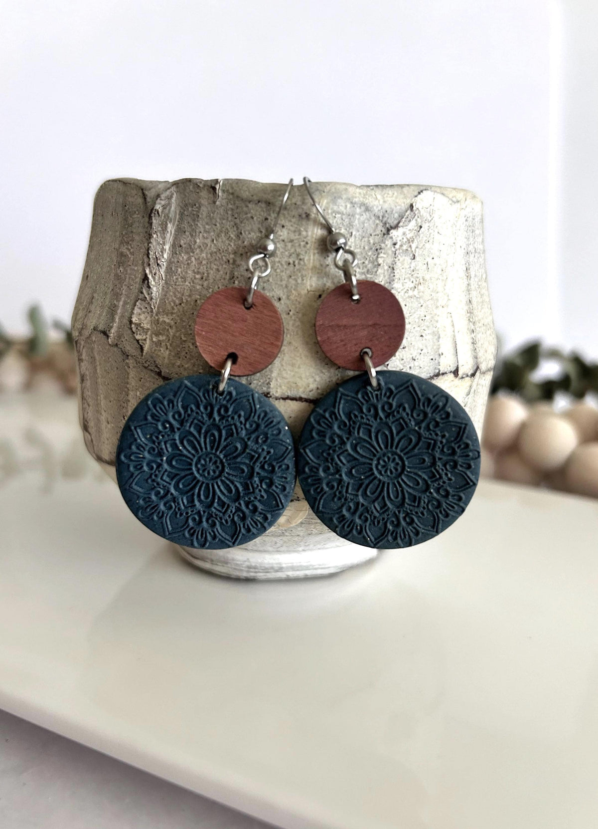 Dark Blue Clay Earrings, Round Mandala Embossed Dangles, Handmade Fashion Boho Jewelry