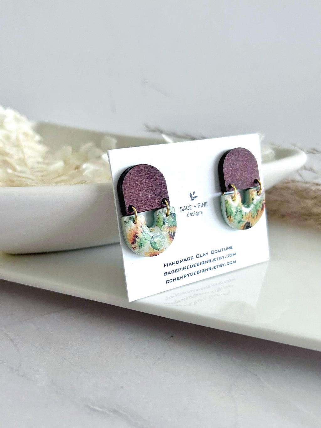 Autumn Sunflower Clay & Wood Arch Earrings, Fall Floral Dangles, Handmade Lightweight Botanical Jewelry