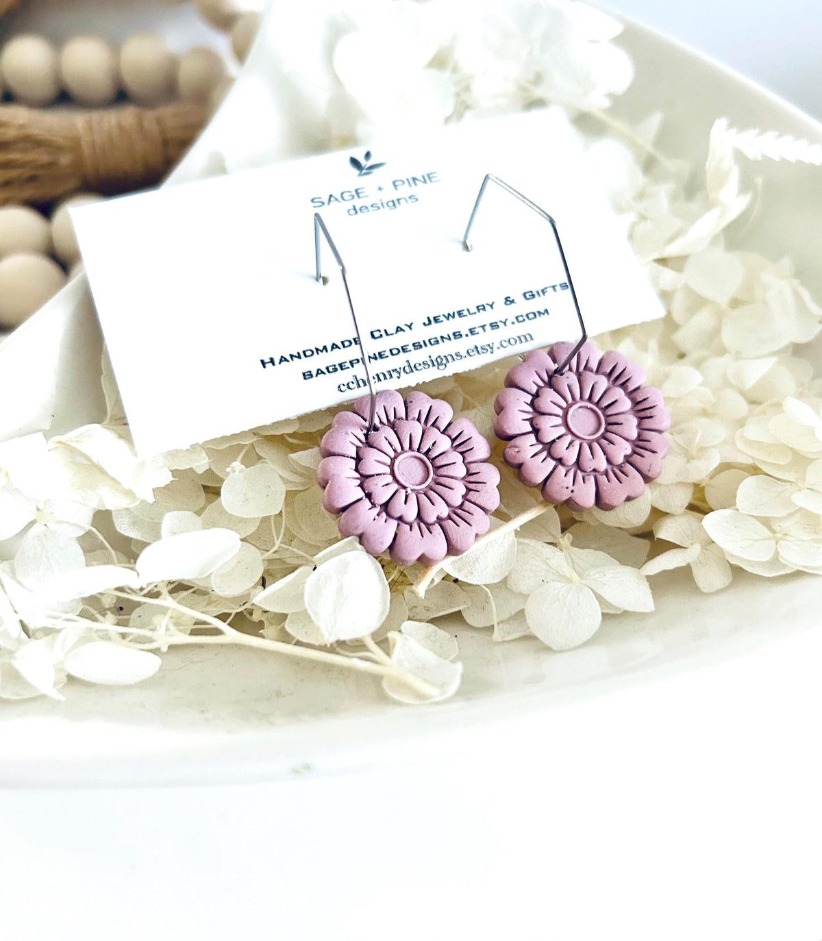 Blush Pink Flower Earrings, Floral Clay Hoop Dangles, Handmade Jewelry Gift for Mothers Day