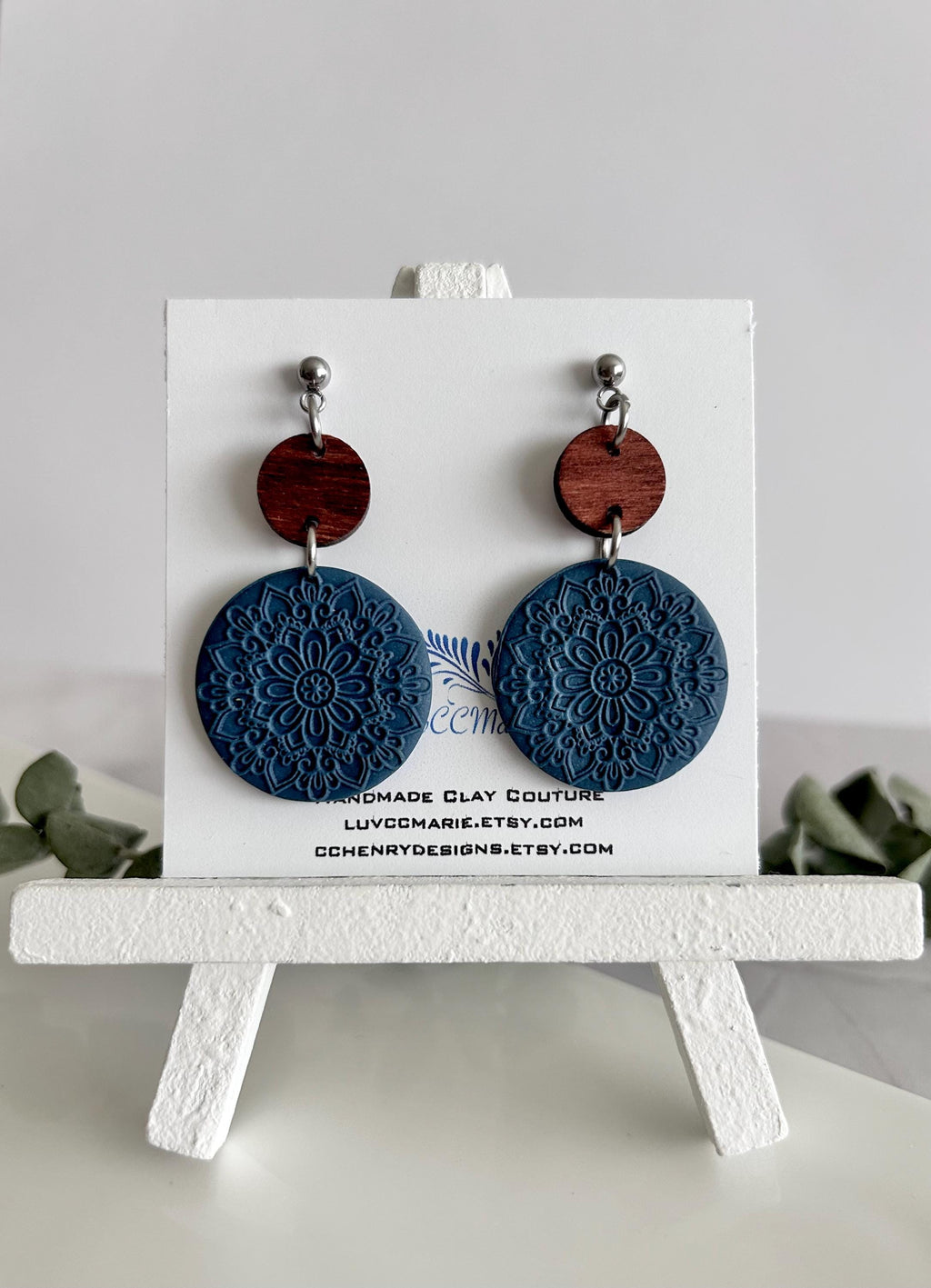 Boho Clay and Wood Stud Earrings: Blue Mandala Circle Dangles