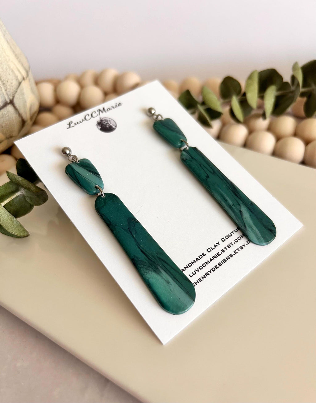 Emerald Green and Teal Blue Silver Long Dangle Earrings, Handmade Clay Coastal Jewelry
