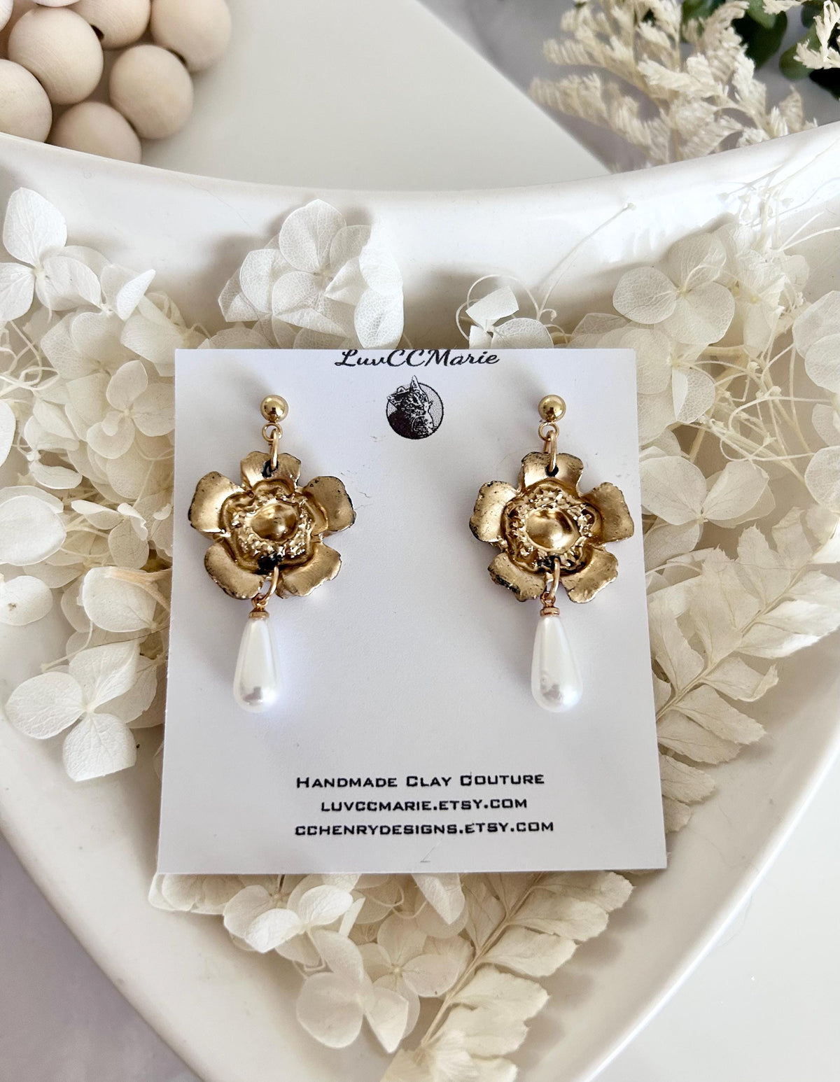 Handmade Pearl Dangle Poppy Earrings, Gold Floral Drop Dangles, Flower Bridal Clay Jewelry