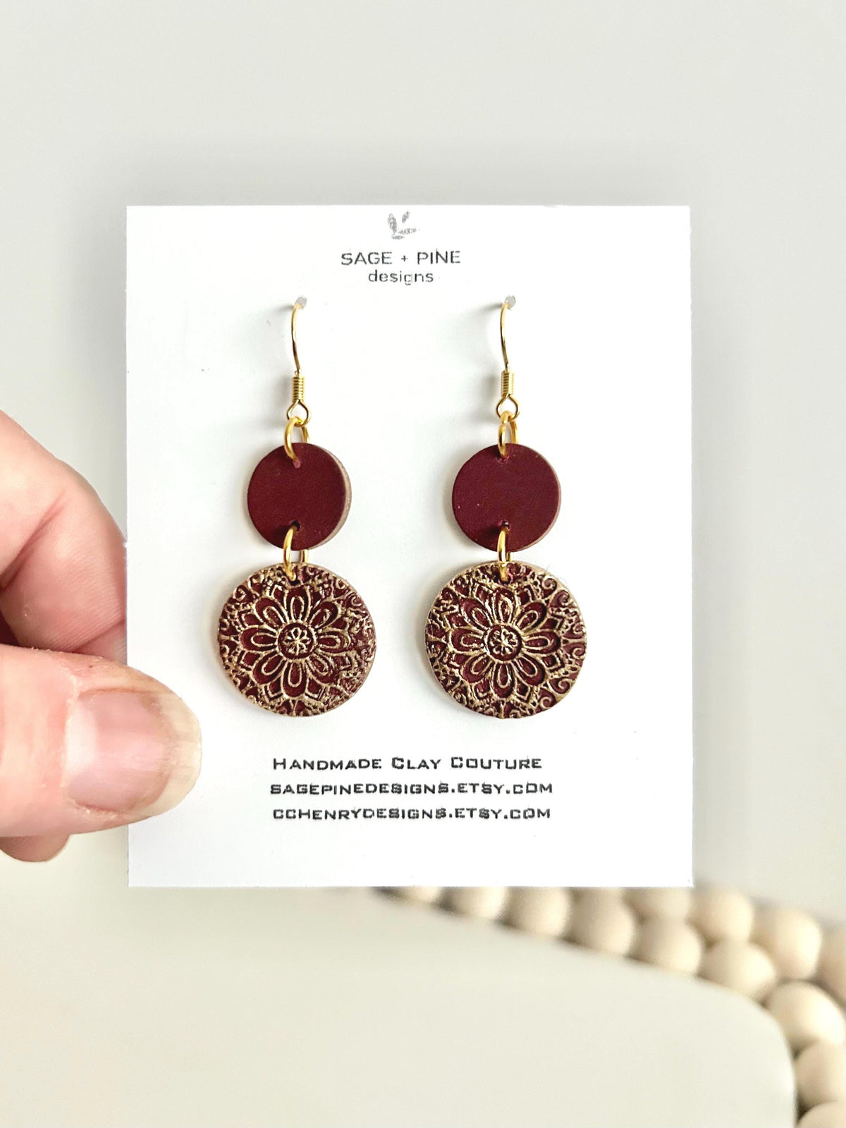 Gold Navy Burgundy Earrings, Embossed Dangles, Handmade Clay Boho Jewelry